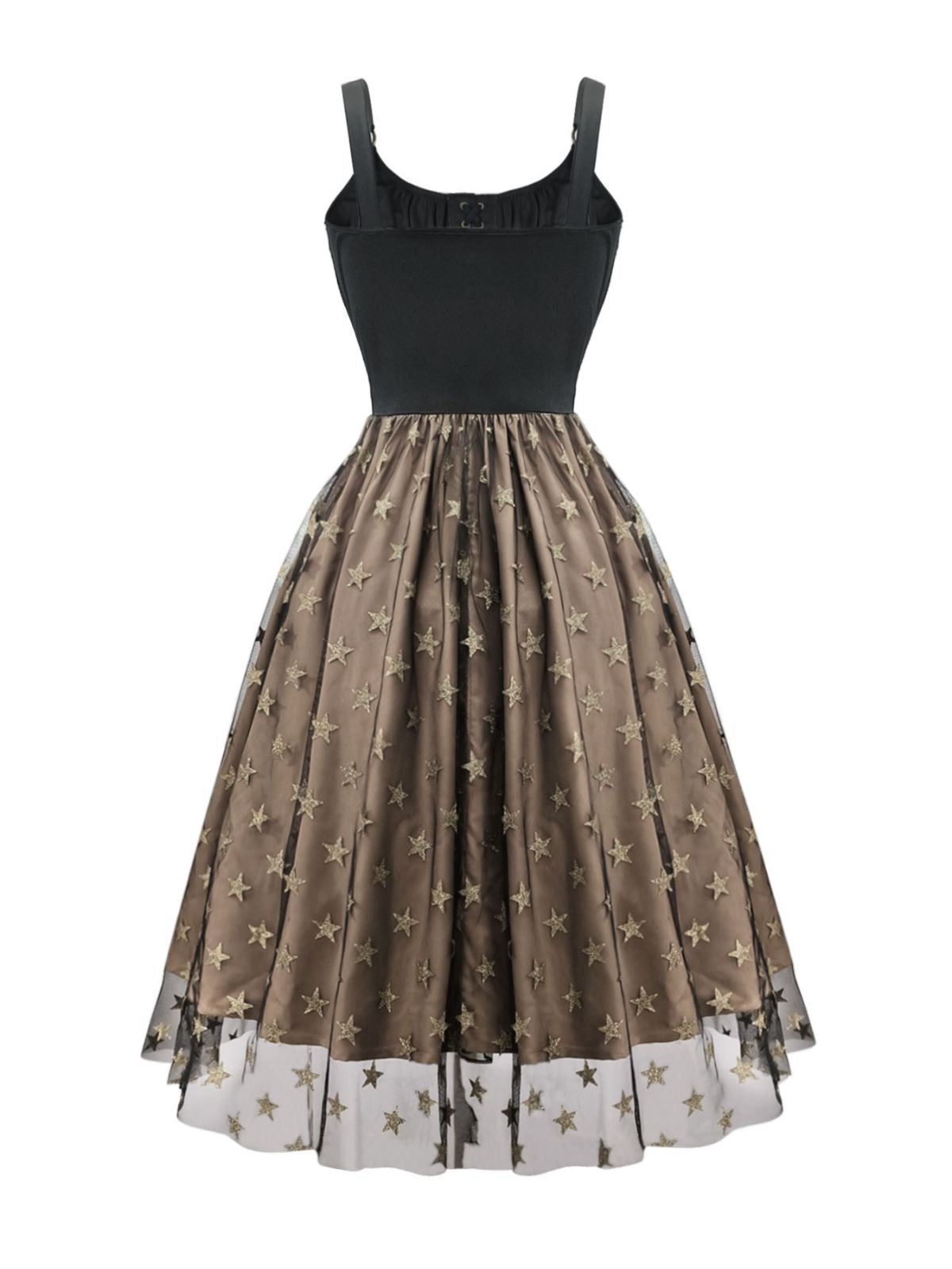 Black 1950s Gold Star Sequined Mesh Ruched Dress