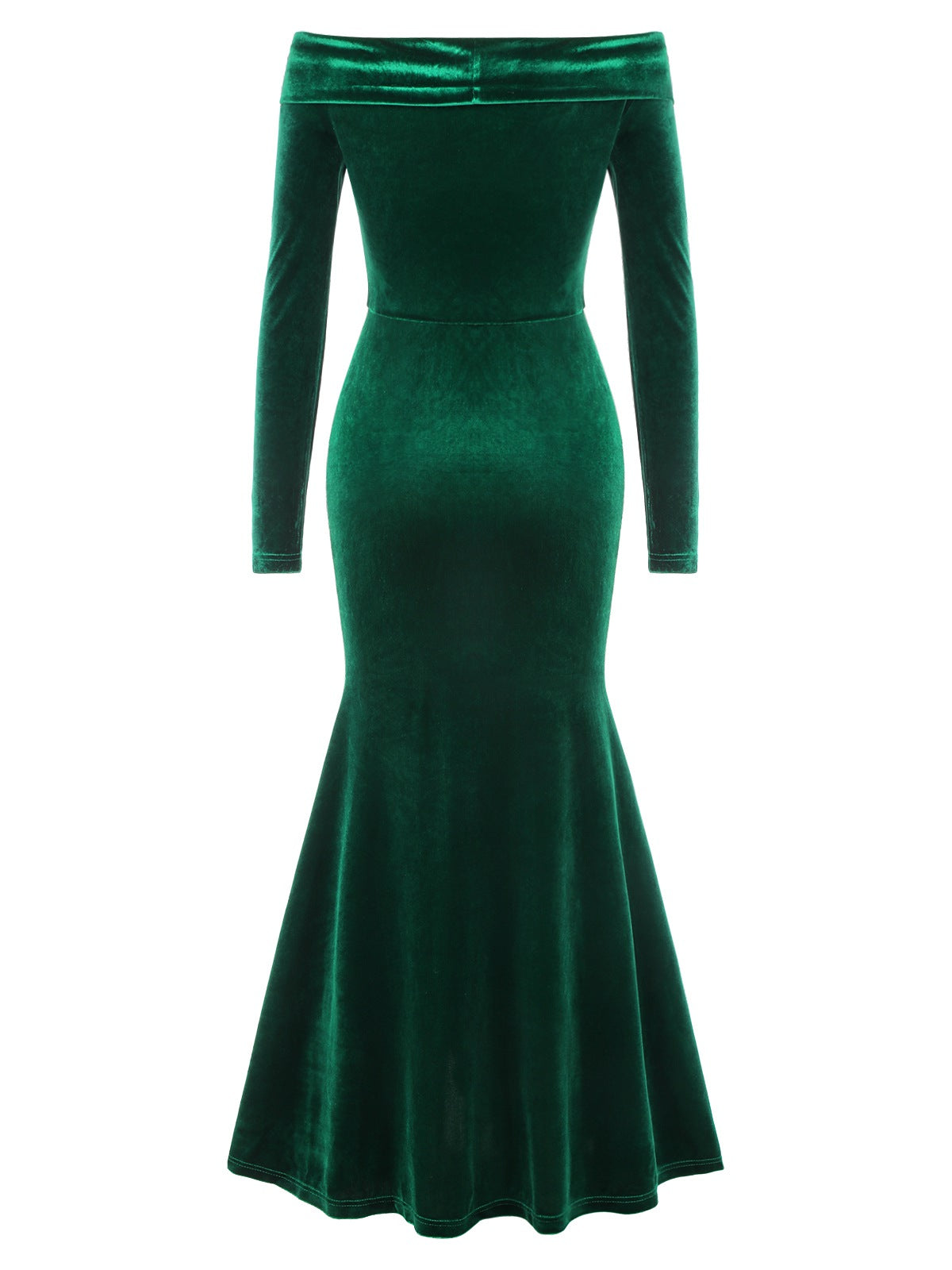 Green 1930s Velvet Off-Shoulder Ruffle-Trim Mermaid Dress