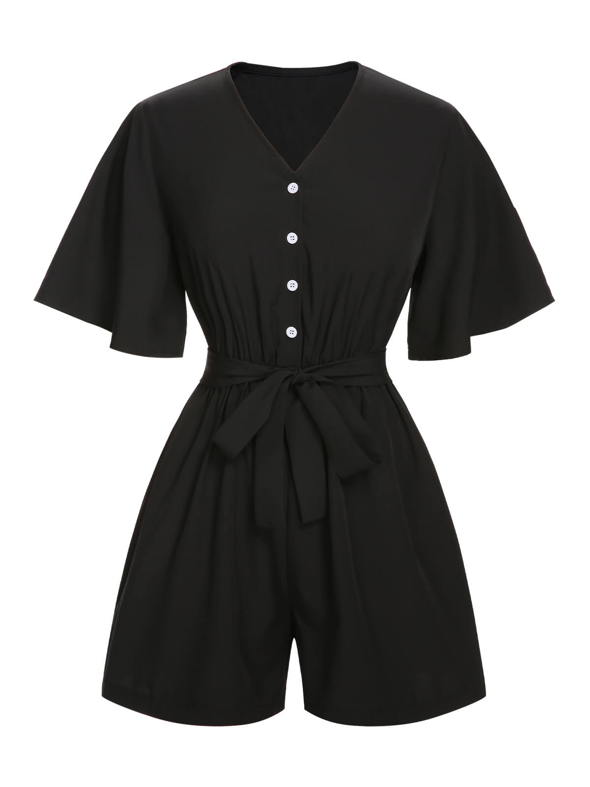 Black 1960s Solid Flare Sleeve V-Neck Romper (86% off)