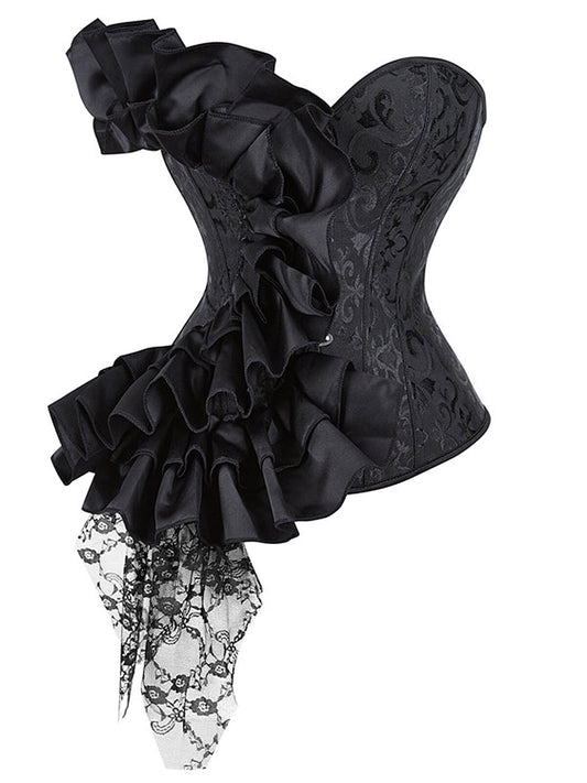 Black 1970s Stempunk Ruffled Lace Patchwork Corset