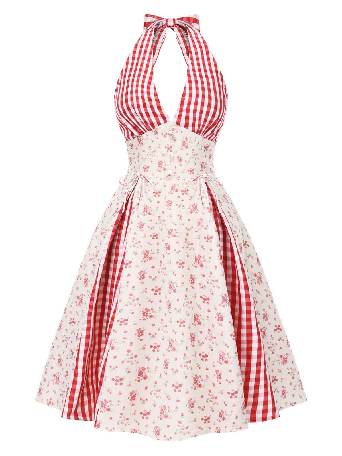 Red 1950s Countryside Floral Plaid Halter Dress
