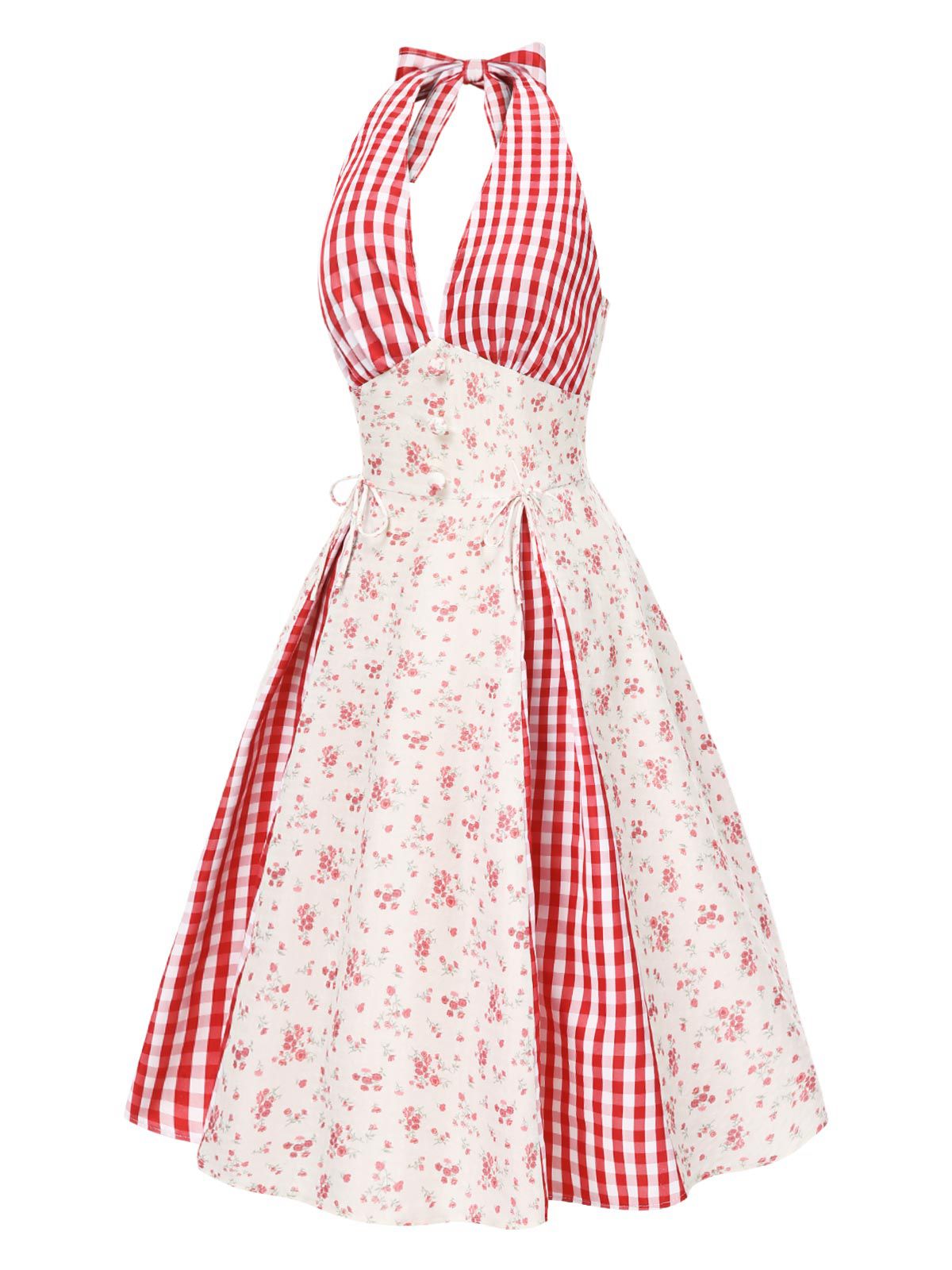 Red 1950s Countryside Floral Plaid Halter Dress