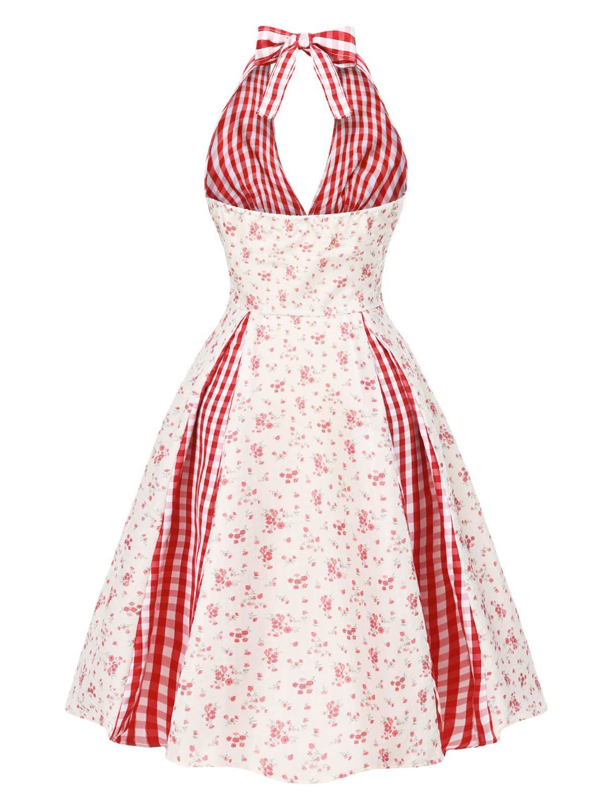 Red 1950s Countryside Floral Plaid Halter Dress