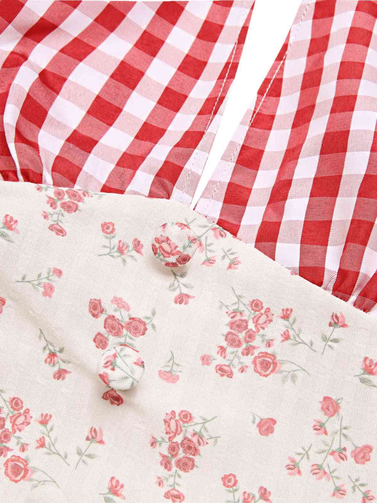 Red 1950s Countryside Floral Plaid Halter Dress