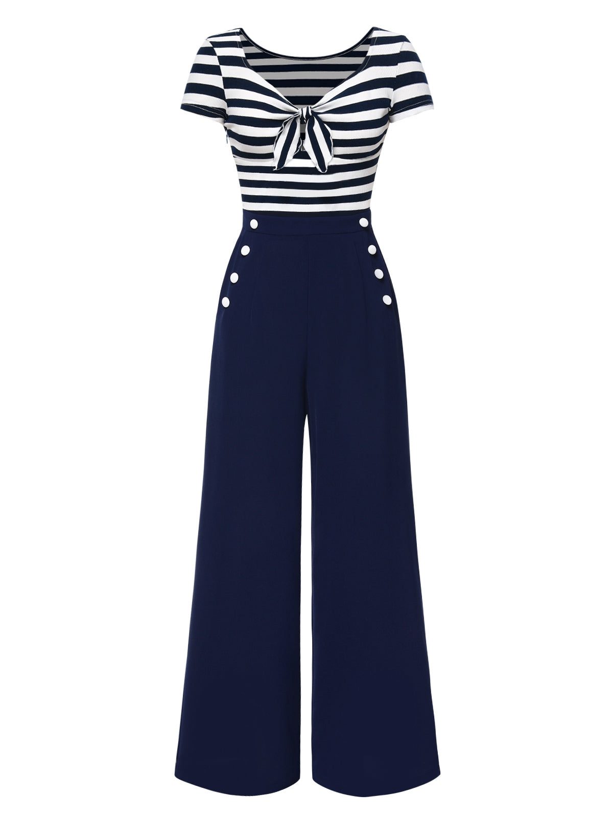 Red 1950s Hollow Bow Stripe Patchwork Jumpsuit