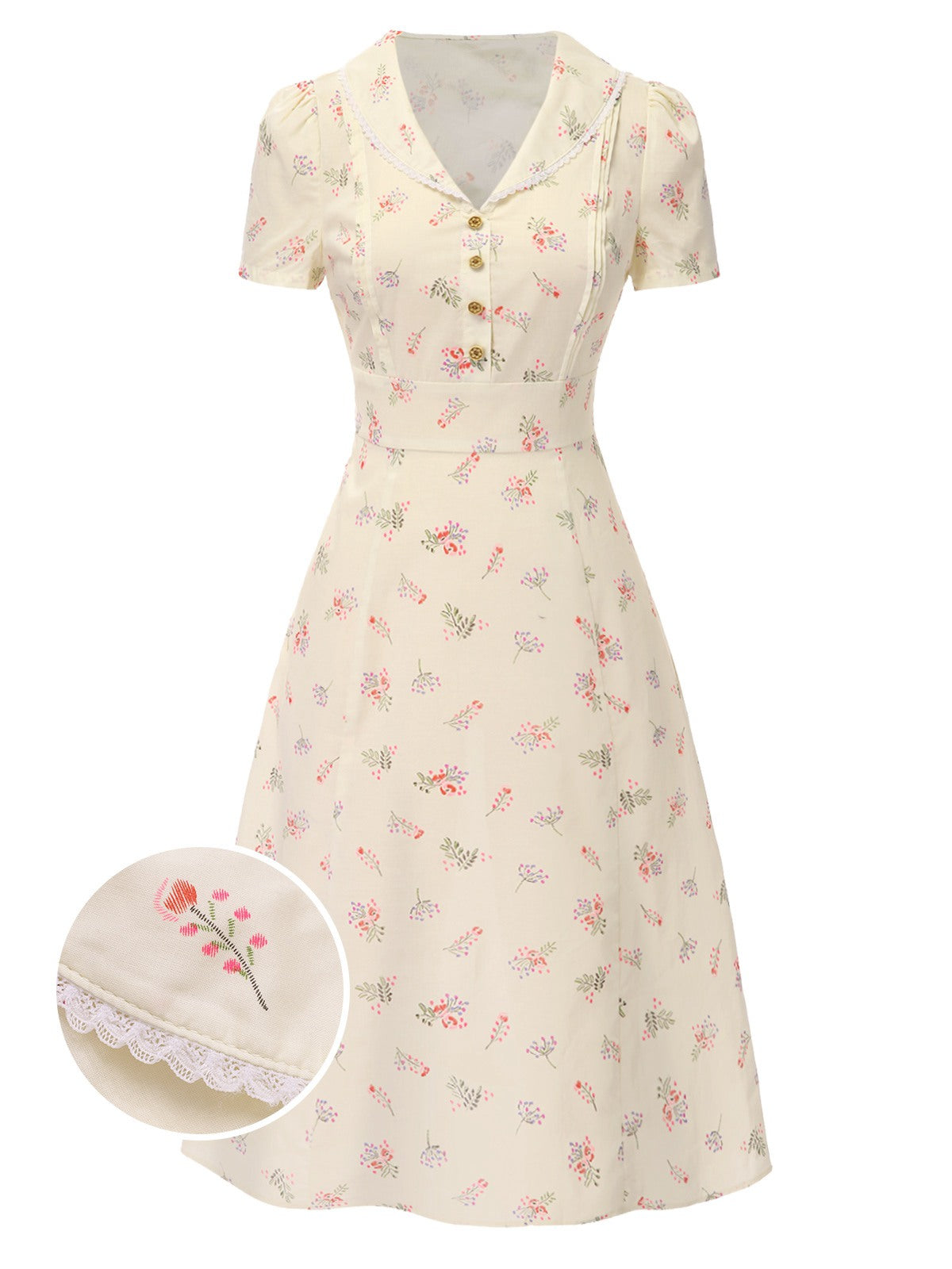 Pure Cotton Blue 1940s Puff Sleeves Floral Dress
