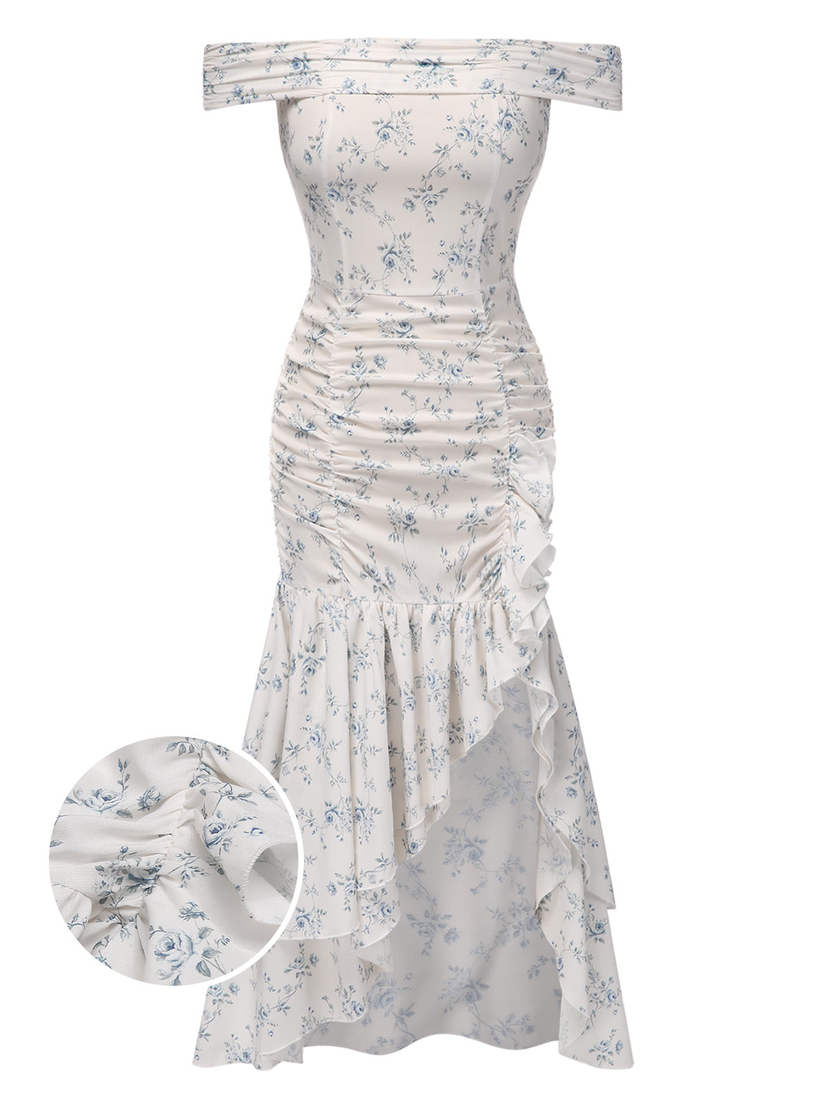Blue 1930s Off-Shoulder Floral Ruffles Hem Dress
