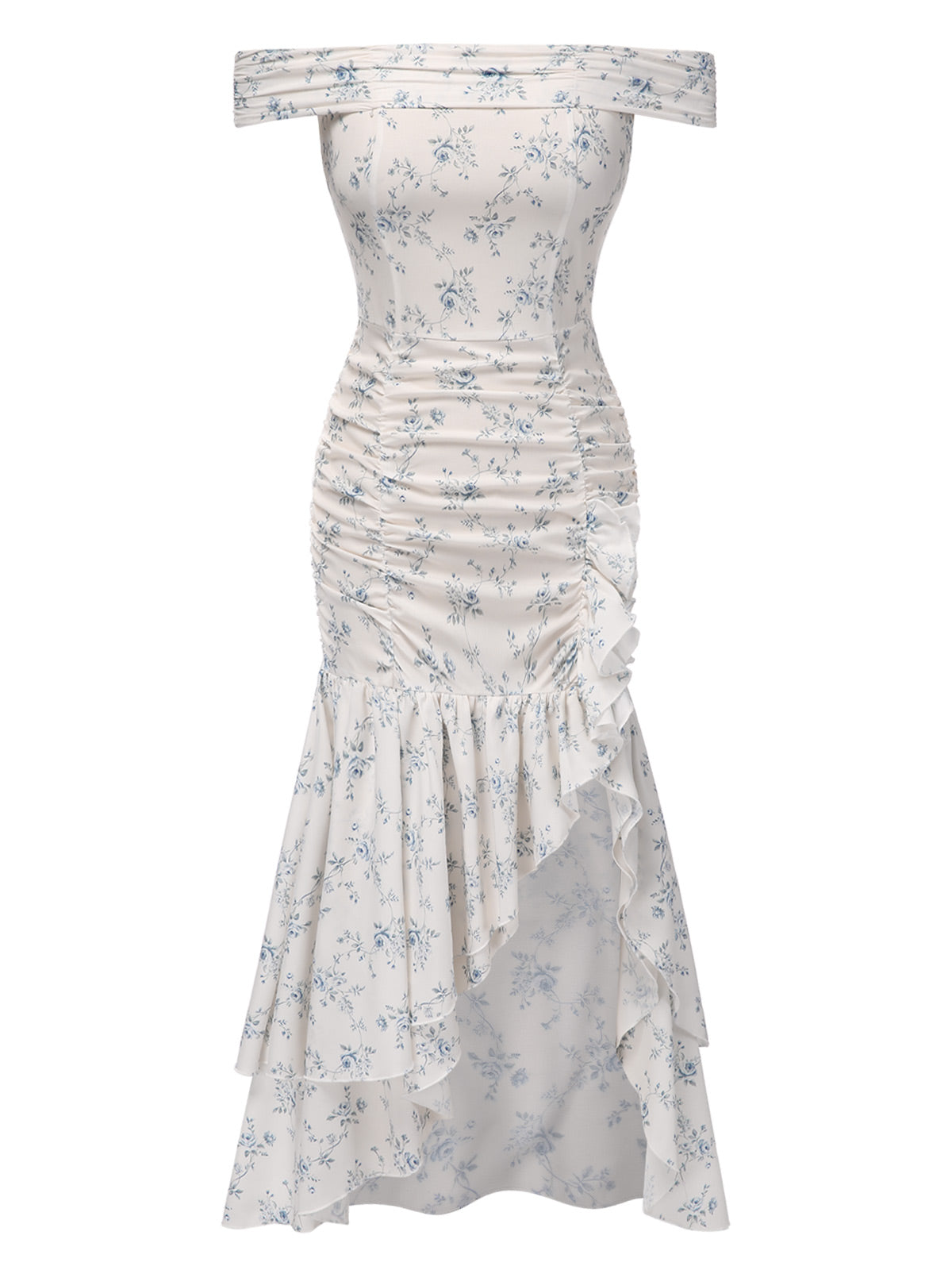 Blue 1930s Off-Shoulder Floral Ruffles Hem Dress