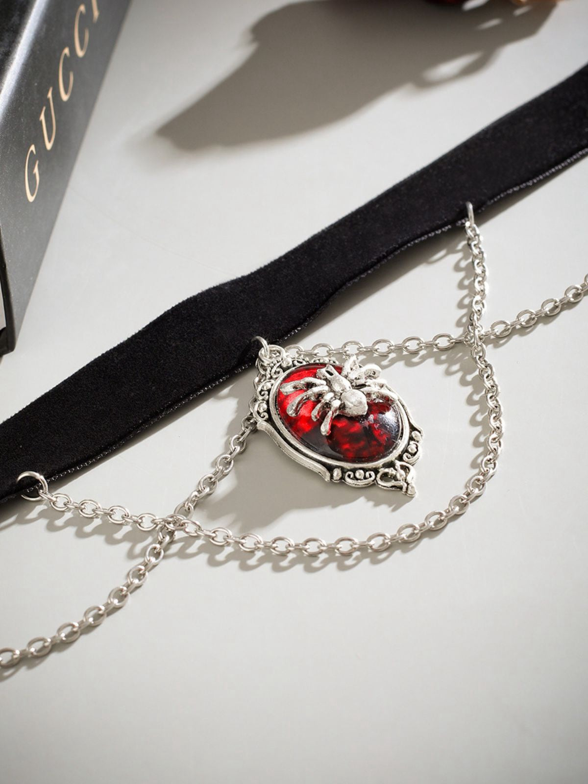 Gothic Spider Red Gemstone Pendant Chain Choker Necklace