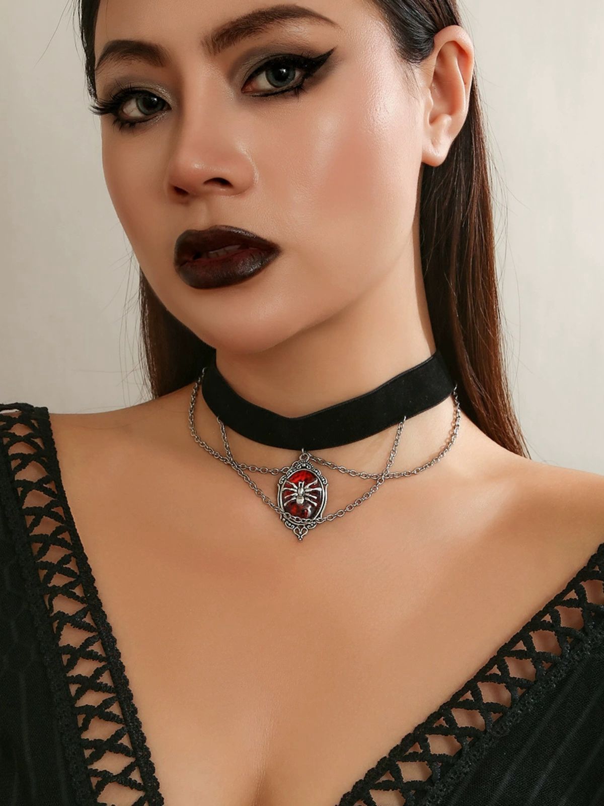 Gothic Spider Red Gemstone Pendant Chain Choker Necklace