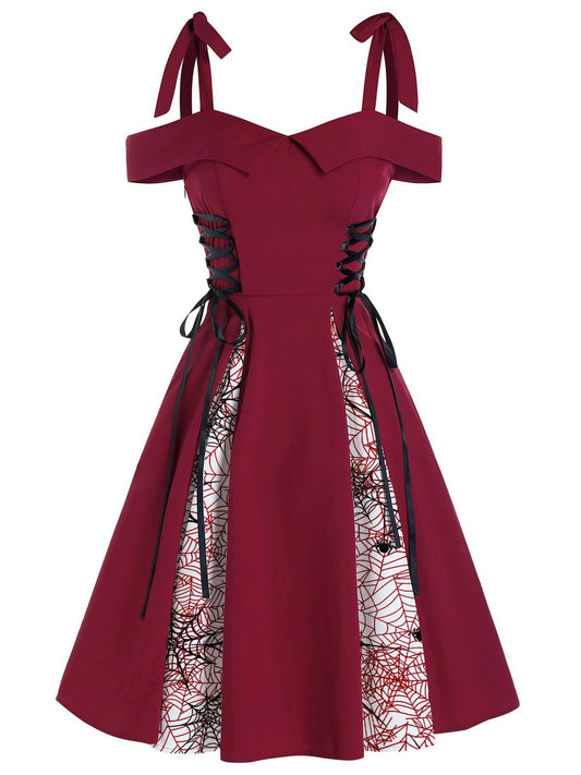 Red 1950s Patchwork Bowknot Lace-up Dress (65% off)