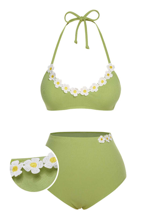 Light Green 1960s Halter Knit Daisy Swimsuit (60% off)
