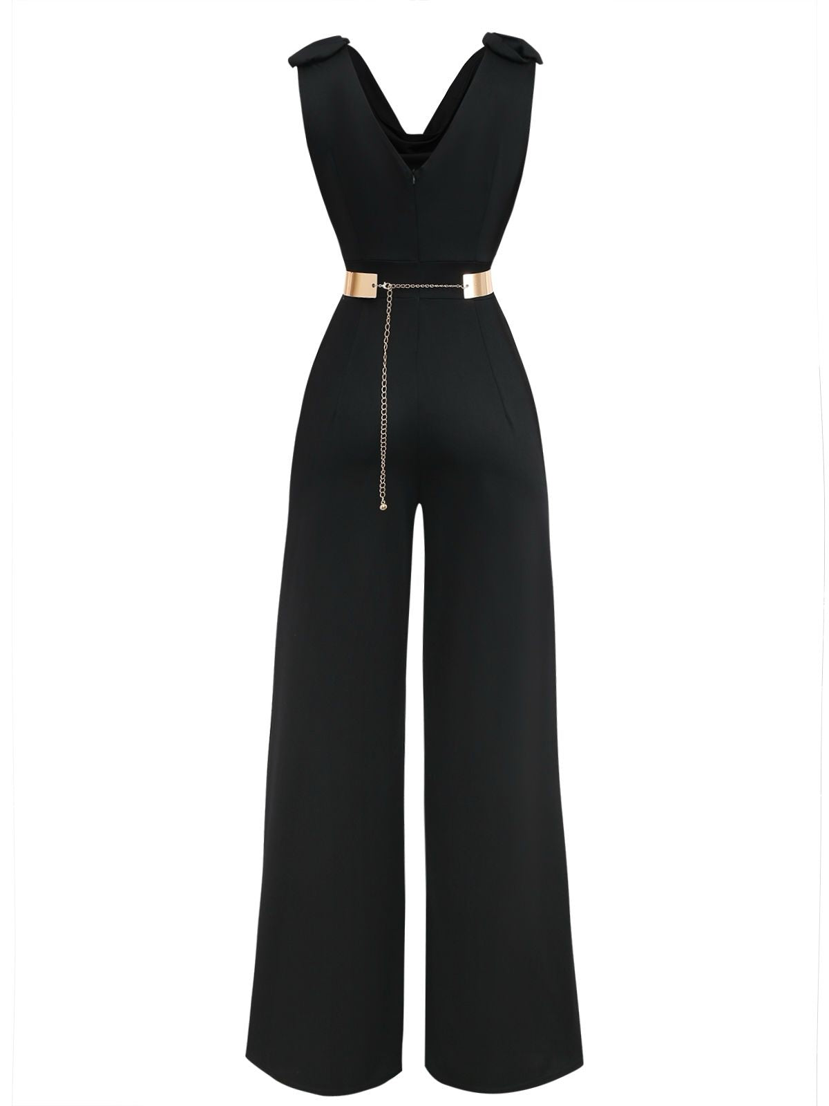 Black 1930s Sequined Belt Deep V-Neck Jumpsuit