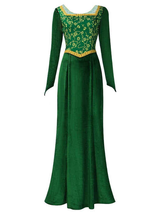 Green 1930s Shrek Medieval Style Embroidered Dress