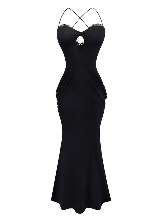 Black 1930s Lace Trimmed Halter Maxi Dress