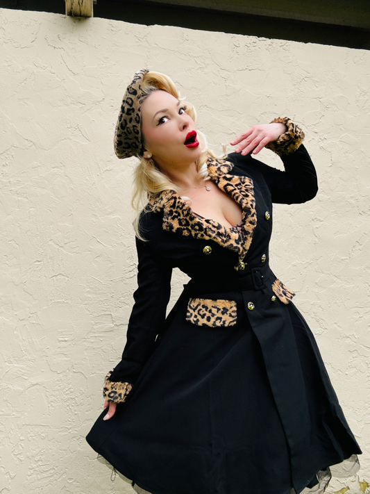 Black 1950s Leopard Lapel Pocket Coat