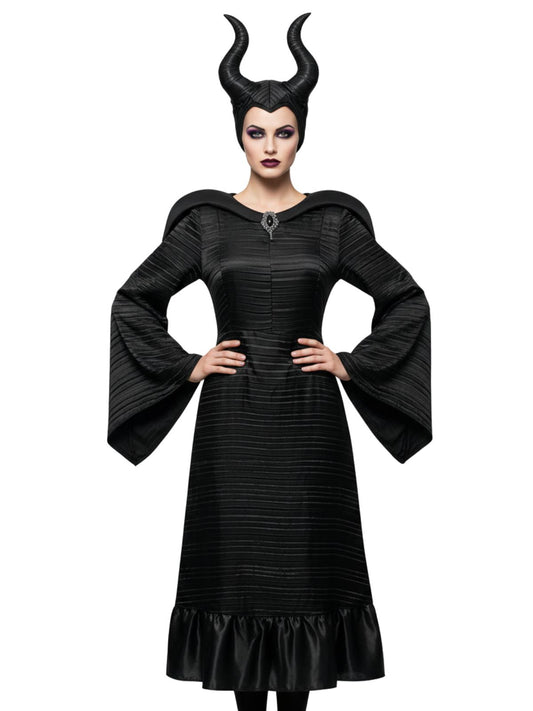 Black 1930s Halloween Maleficent Batwing Sleeve Dress Set