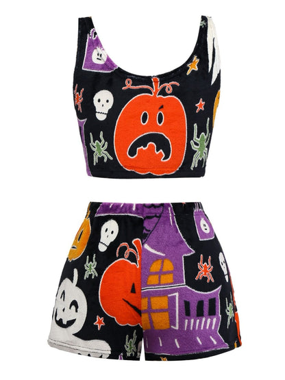 2PCS Black 1970s Glowing Halloween Ghost Flannel Pajama Set