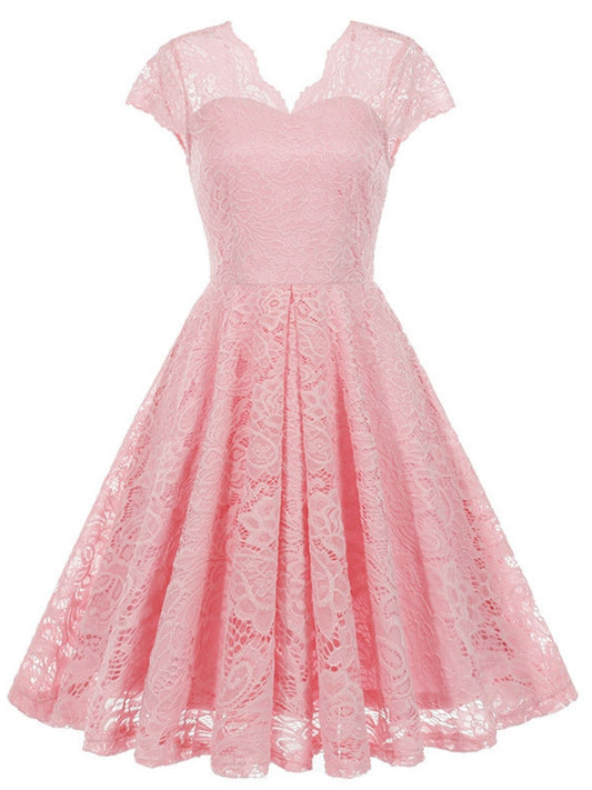 1950s Solid V-Neck Sleeveless Lace Dress