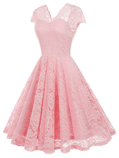 1950s Solid V-Neck Sleeveless Lace Dress