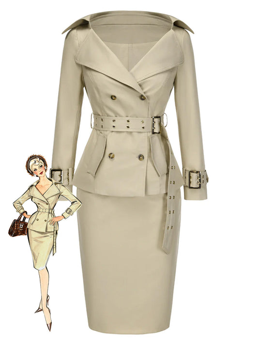 [Pre-Sale] 2PCS Khaki 1980s Lapel Belted Jacket & Pencil Skirt