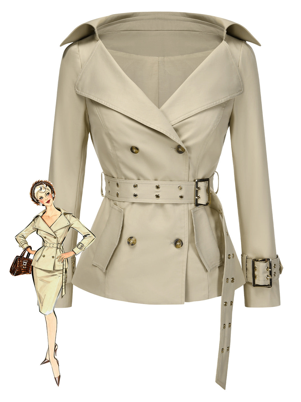 [Pre-Sale] Khaki 1980s Lapel Double-Breasted Belted Jacket