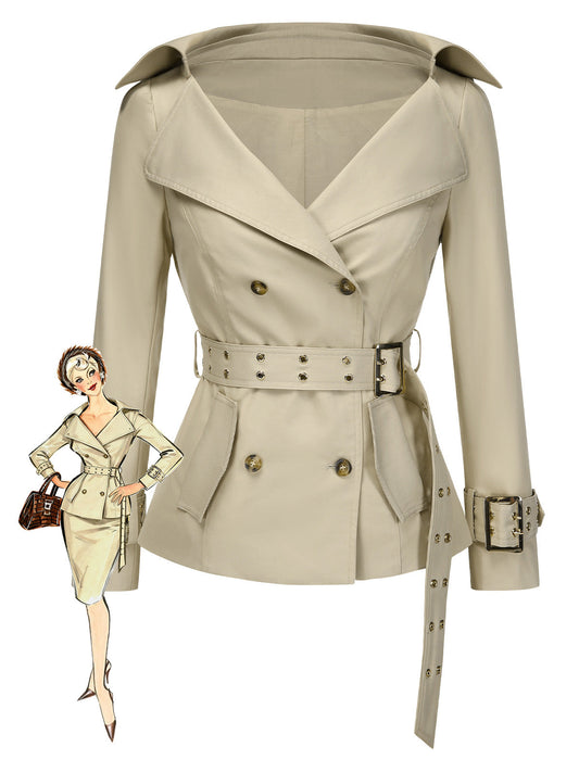 [Pre-Sale] Khaki 1980s Lapel Double-Breasted Belted Jacket