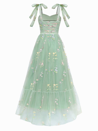 Green 1930s Shoulder Tie Embroidered Floral Mesh Dress