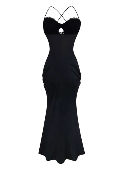 Black 1930s Lace Trimmed Halter Maxi Dress
