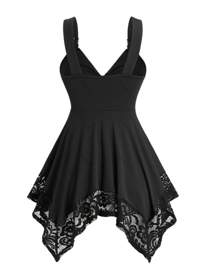 [Plus Size] Black 1970s Solid Heart Button Lace Tunic Top