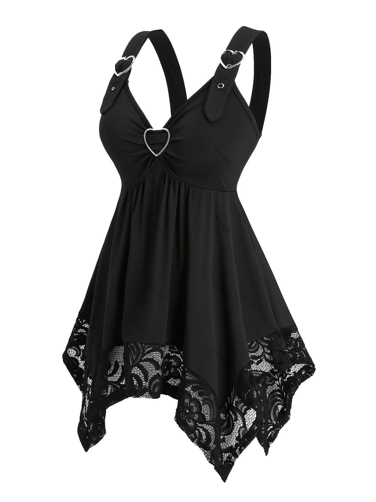 [Plus Size] Black 1970s Solid Heart Button Lace Tunic Top