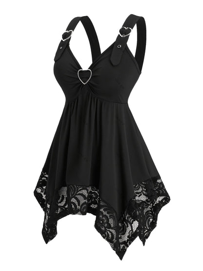 [Plus Size] Black 1970s Solid Heart Button Lace Tunic Top