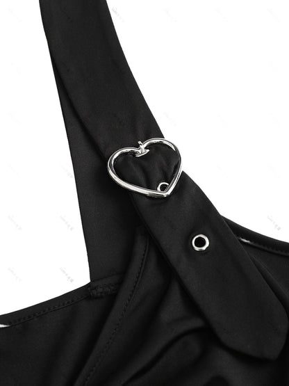 [Plus Size] Black 1970s Solid Heart Button Lace Tunic Top