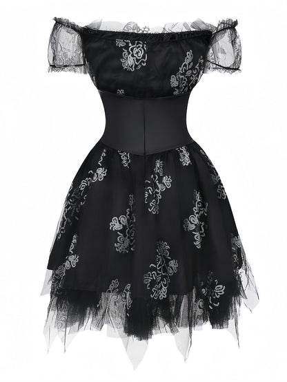 Black 1970s Vampire Bride Off-Shoulder Mesh Dress