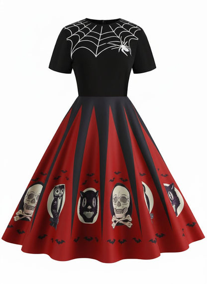 1950s Halloween Spider Web Print Patchwork Dress