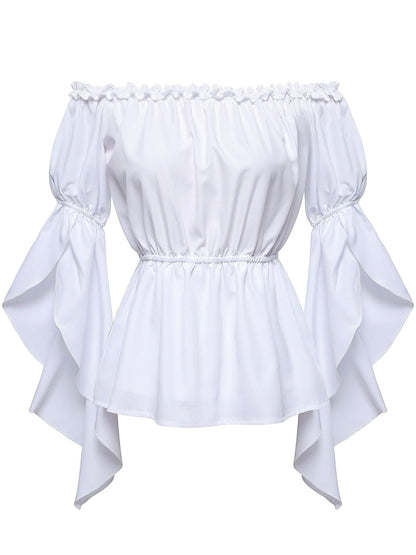 1930s Ruffled Bell Sleeve Off-Shoulder Solid Top