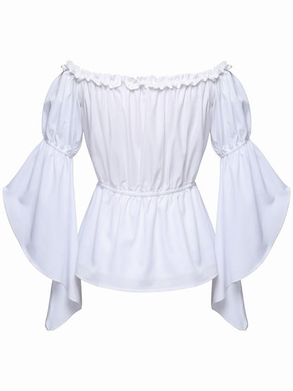1930s Ruffled Bell Sleeve Off-Shoulder Solid Top