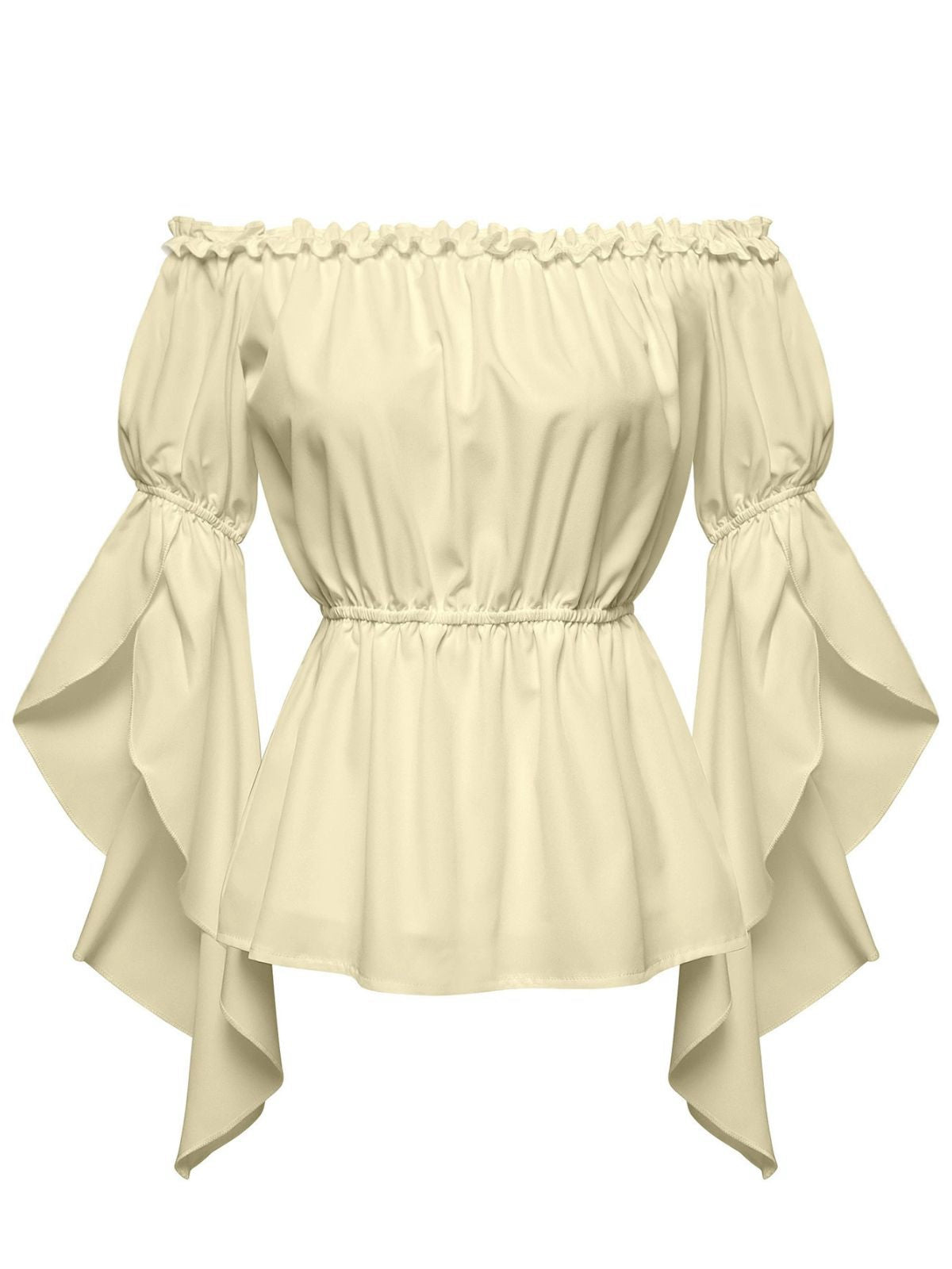 1930s Ruffled Bell Sleeve Off-Shoulder Solid Top