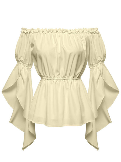 1930s Ruffled Bell Sleeve Off-Shoulder Solid Top