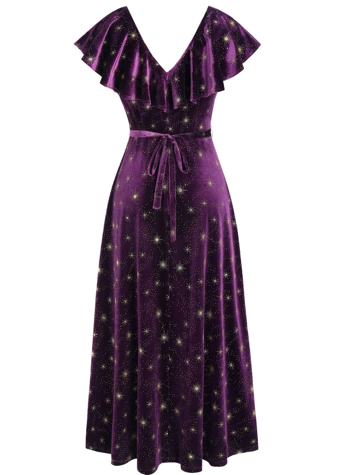 [Pre-Sale] Purple 1940s Velvet V-Neck Star Ruffle Dress