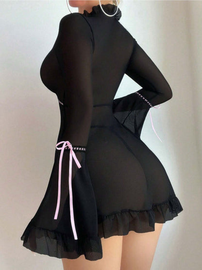 Black 1970s Bowknot Ruffled Sheer Nightdress