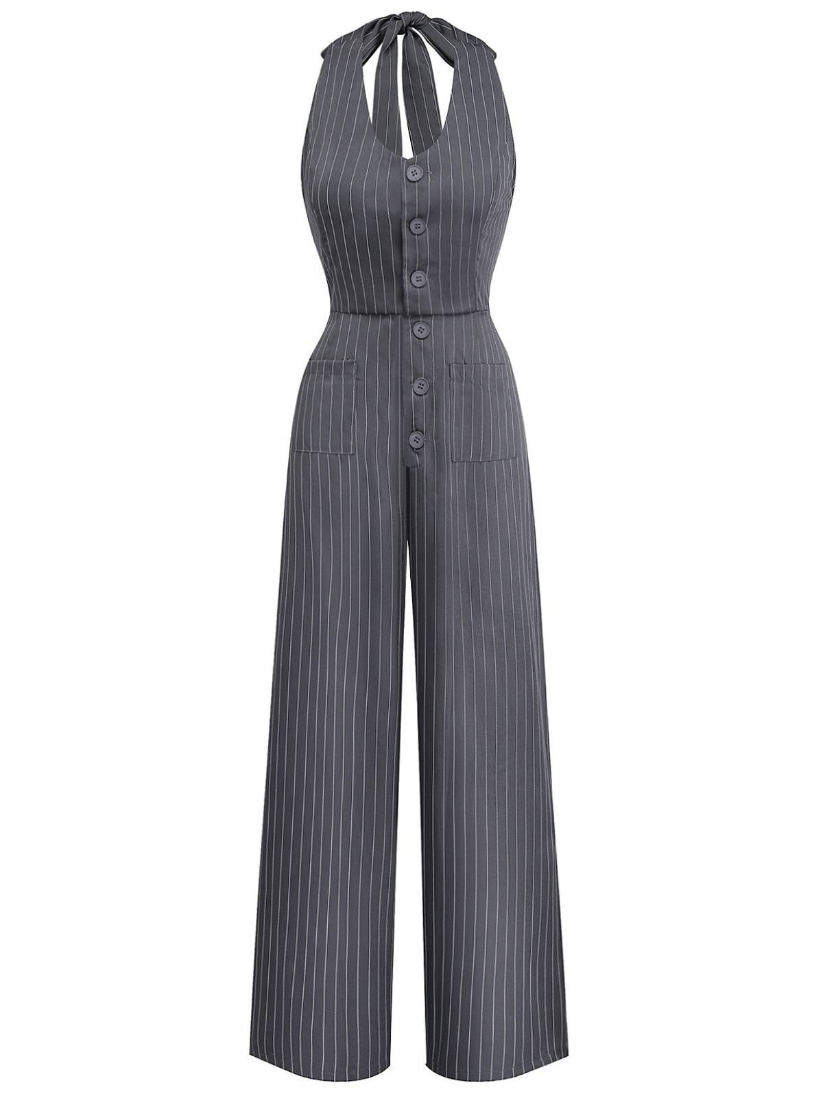 1940s V-Neck Halter Buttoned Pinstripe Jumpsuit