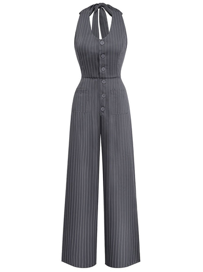 1940s V-Neck Halter Buttoned Pinstripe Jumpsuit