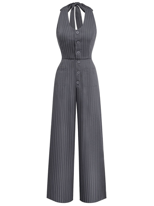 1940s V-Neck Halter Buttoned Pinstripe Jumpsuit