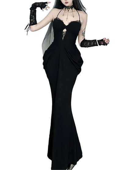 Black 1930s Lace Trimmed Halter Maxi Dress