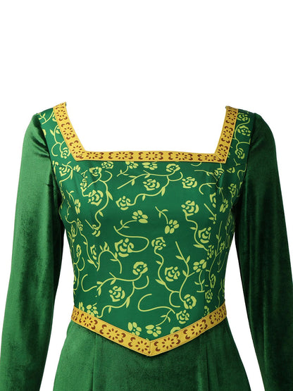 Green 1930s Shrek Medieval Style Embroidered Dress