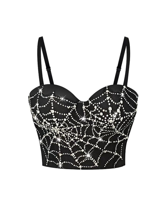 [Pre-Sale] Black 1970s Rhinestone Spider Web Crop Top