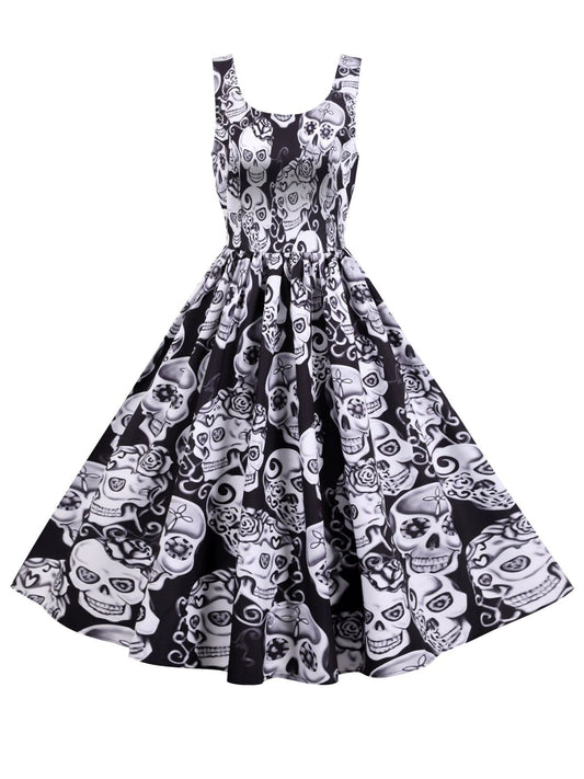 1950s Halloween Skull Sleeveless Swing Dress