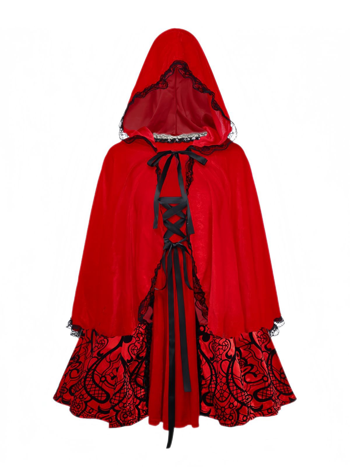 Red 1980s Velvet Lace Sequined Strapless Dress & Cape