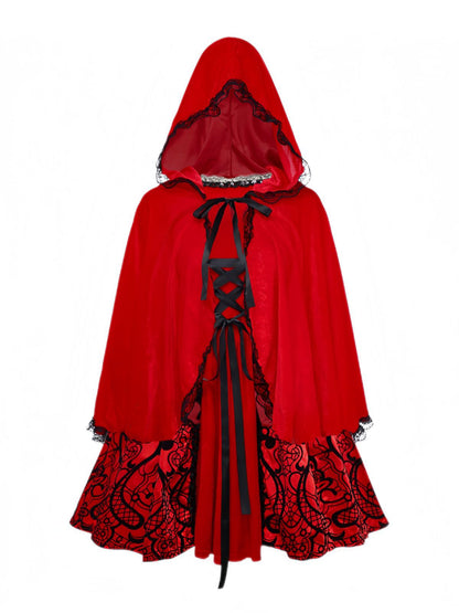 Red 1980s Velvet Lace Sequined Strapless Dress & Cape